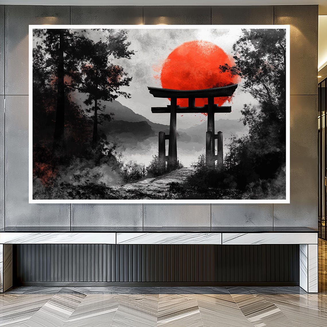 Black Torii Gate Red Sun Japanese Sumi E Ink Minimalist Poster - Image 2