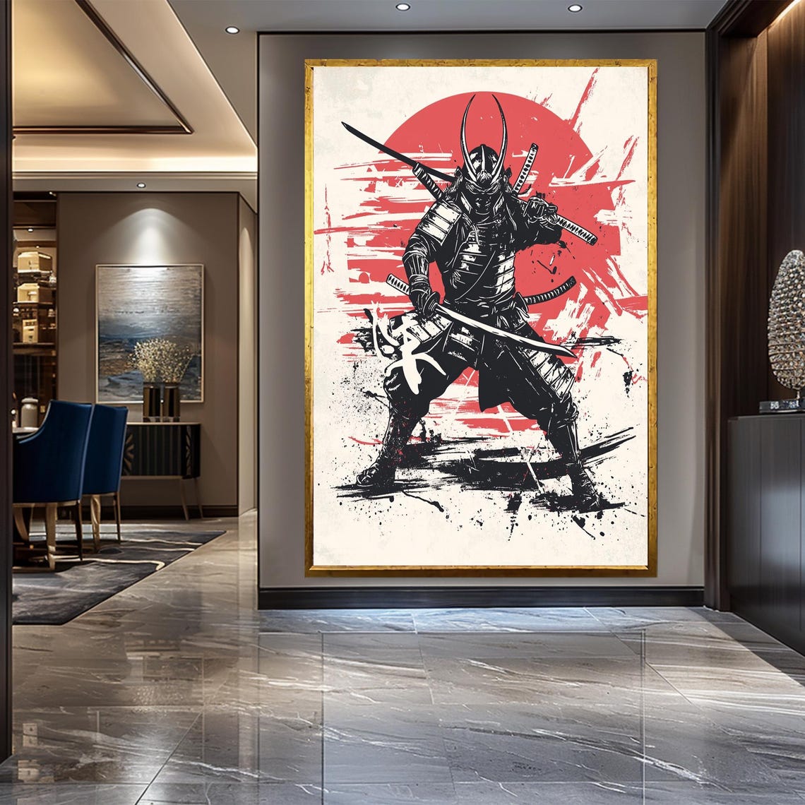Samurai Warrior Katana Red Sun Ink Brush Japanese Bushido Art Poster - Image 2