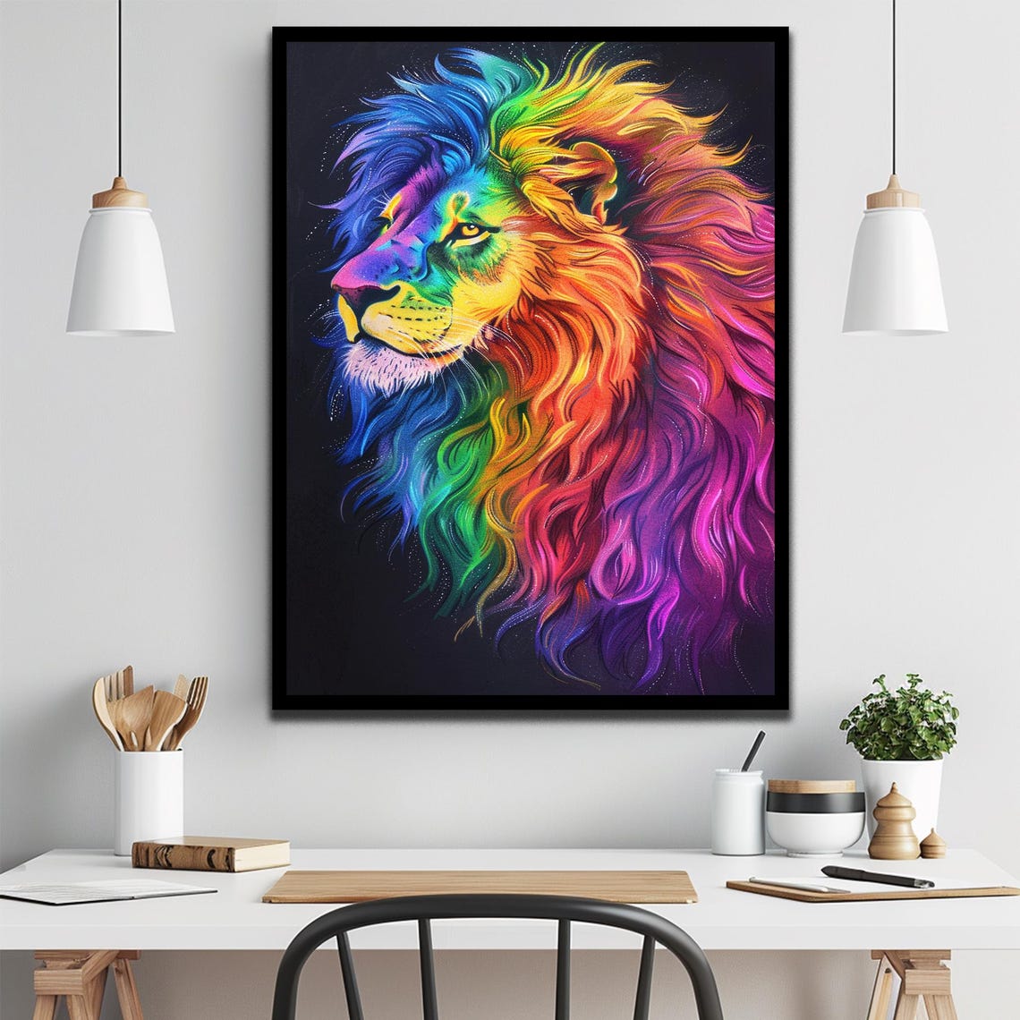 Neon Rainbow Lion Head Profile Colorful Mane Black Background Poster - Image 2