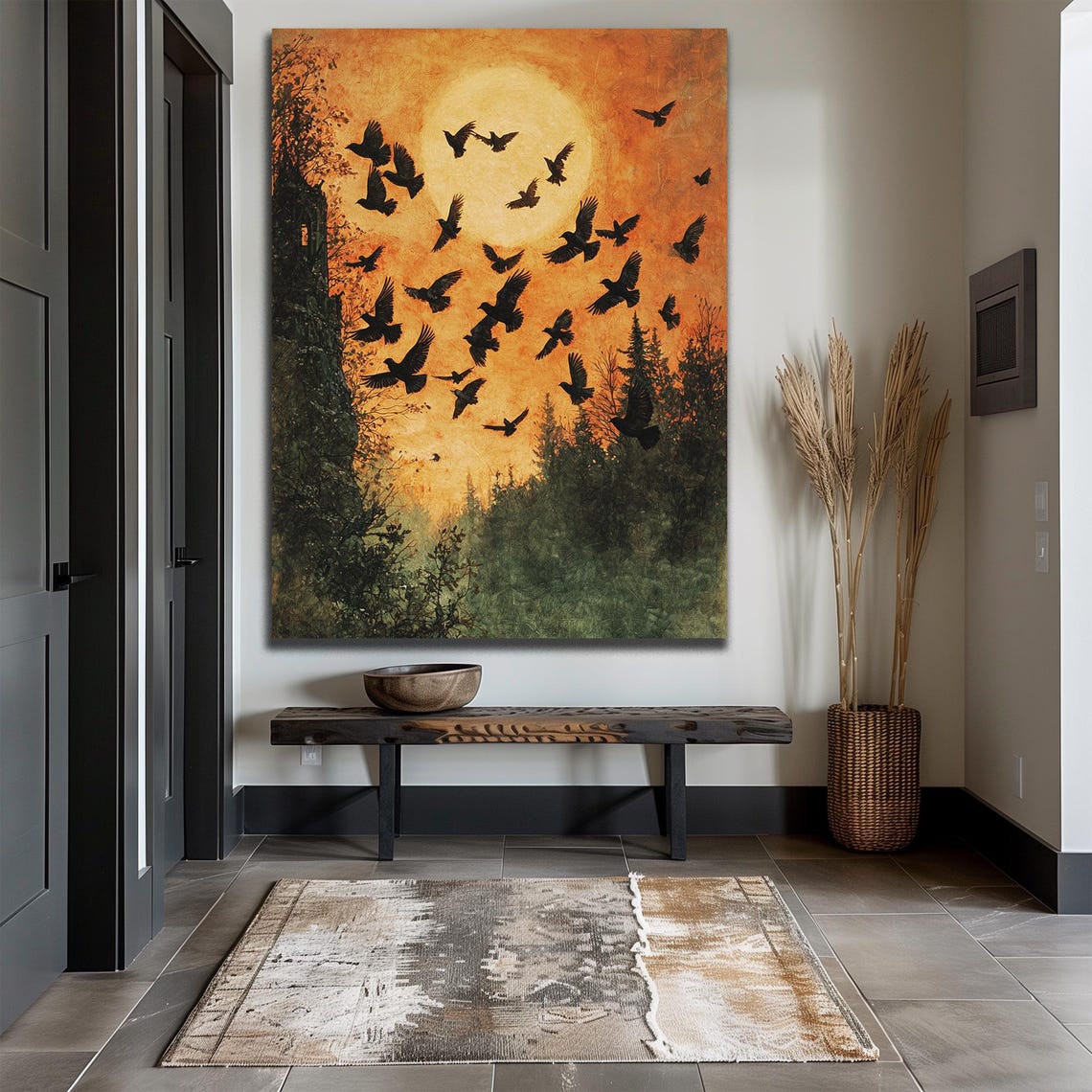 Ravens Flying Past Full Moon Orange Sky Gothic Bird Forest Wall Art - Image 2