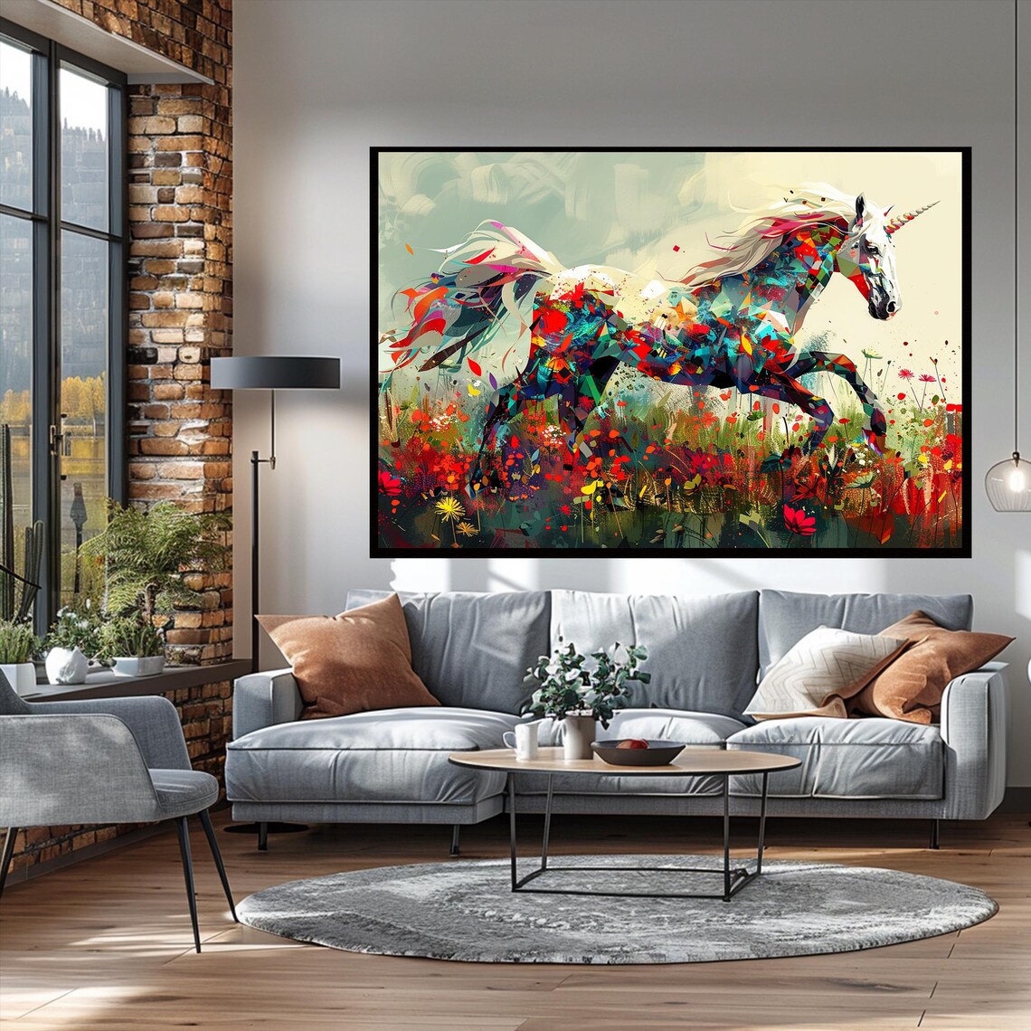 Colorful Mosaic Unicorn Galloping Through Wildflower Meadow Fantasy Wall Art - Image 2