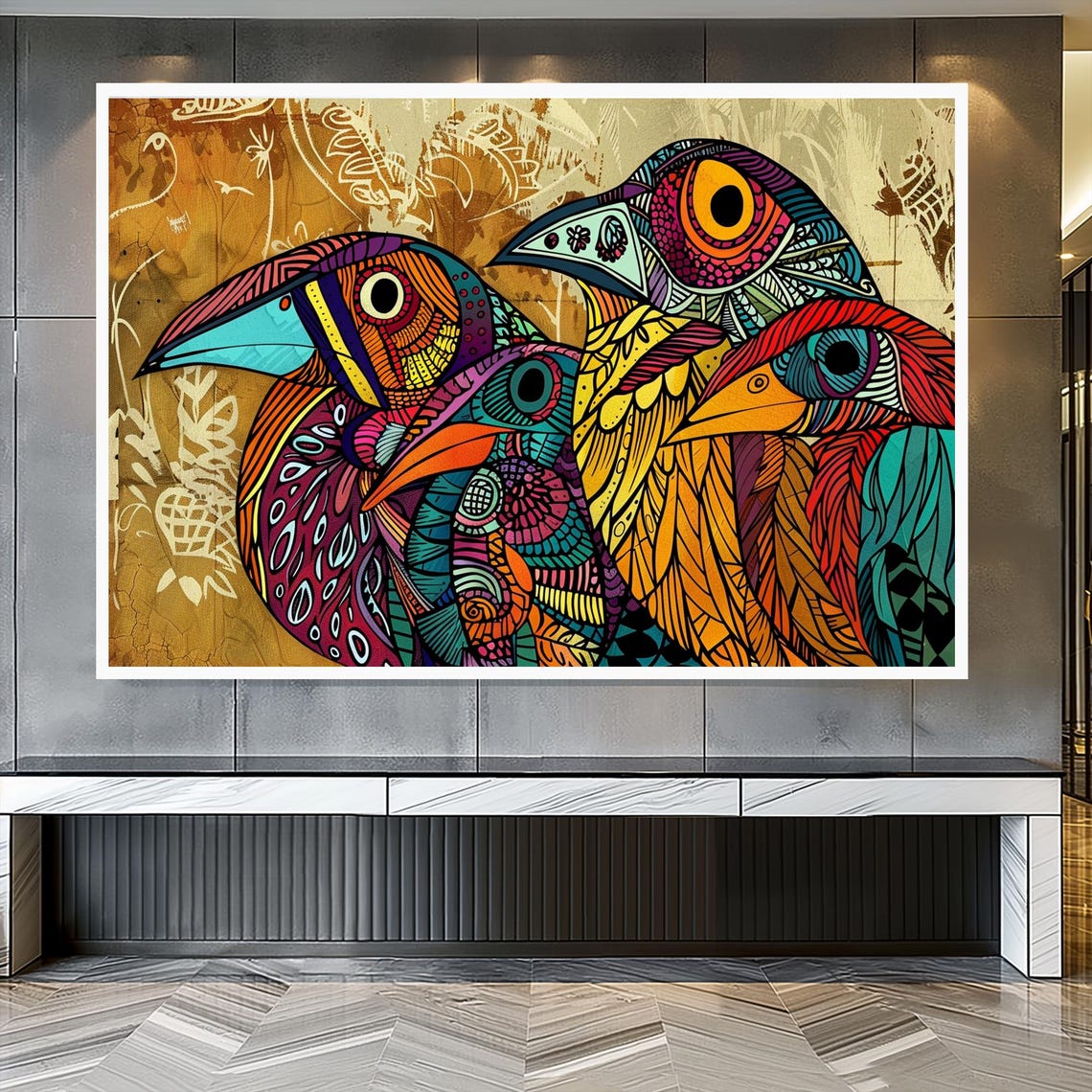 Three Patterned Toucans Colorful Folk Bird Art Tropical Poster - Image 3