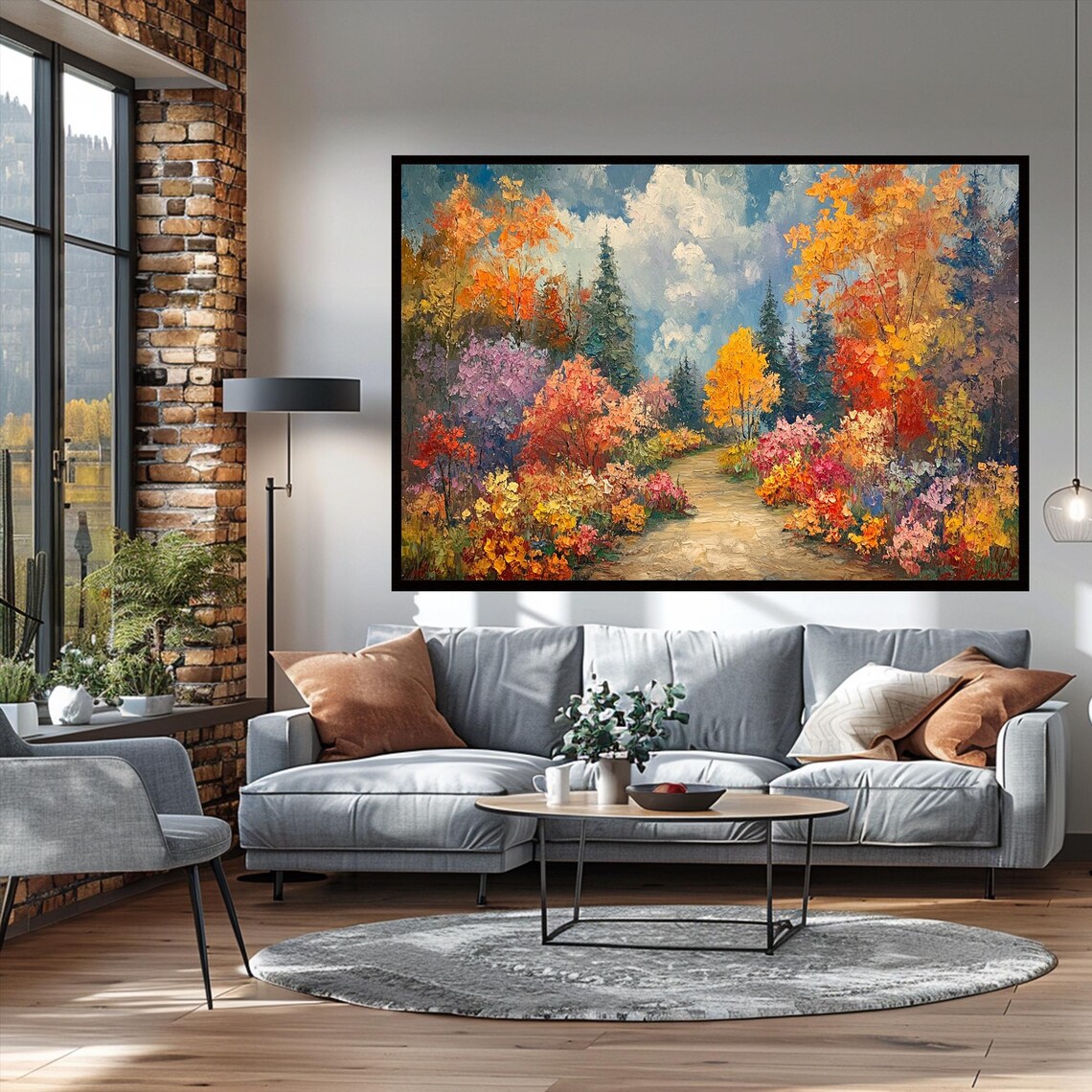 Autumn Forest Path Colorful Fall Foliage Sunlit Trail Impasto Art Poster - Image 3