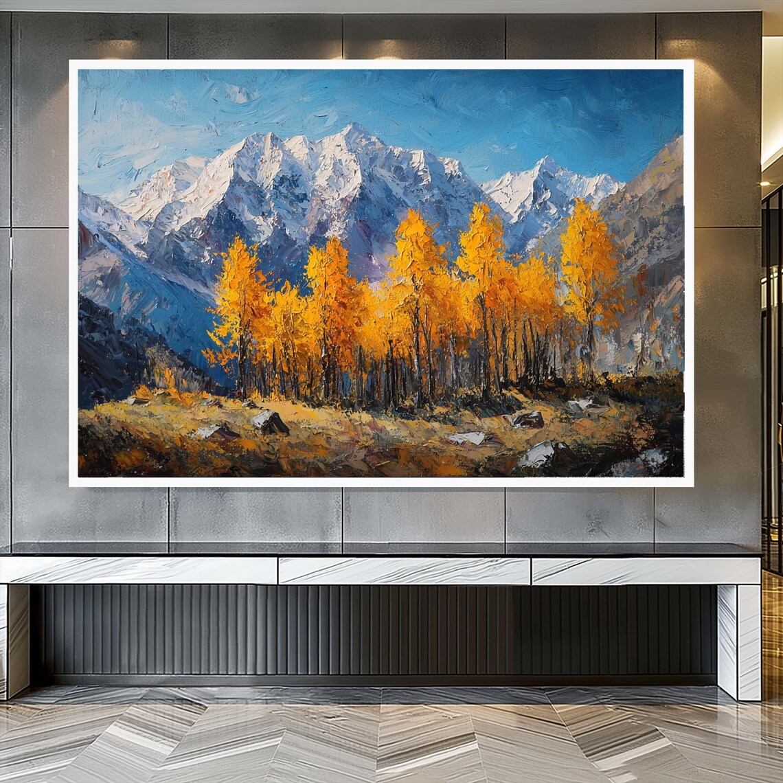 Golden Autumn Trees Standing Before Snow Capped Mountain Peaks Poster - Image 3