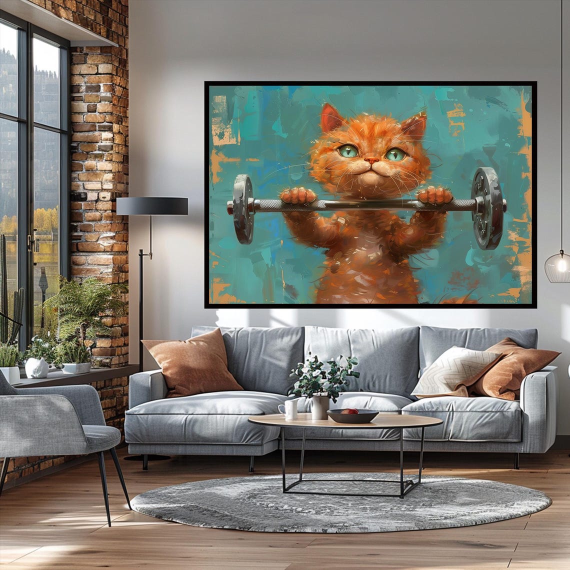 Cute Orange Kitten Lifting Barbell Funny Gym Workout Wall Print - Image 3