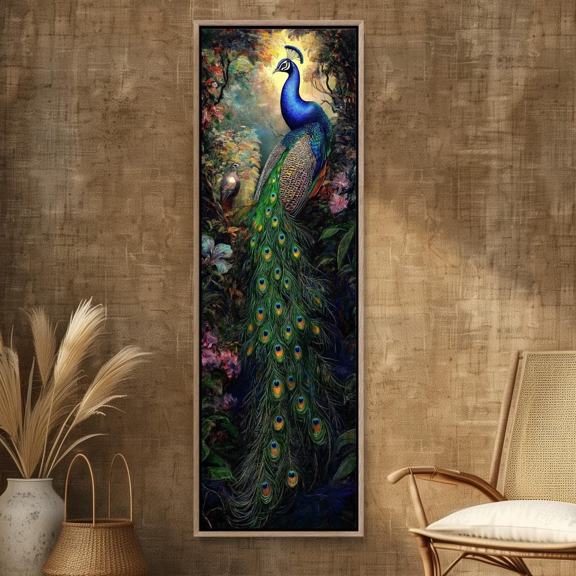Majestic Peacock Displaying Tail In Tropical Jungle Oil Poster