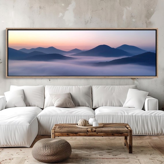 Misty Mountains At Dawn Panoramic Print Serene Landscape Wall Art Framed Nature Inspired Decor For Living Room Or Bedroom