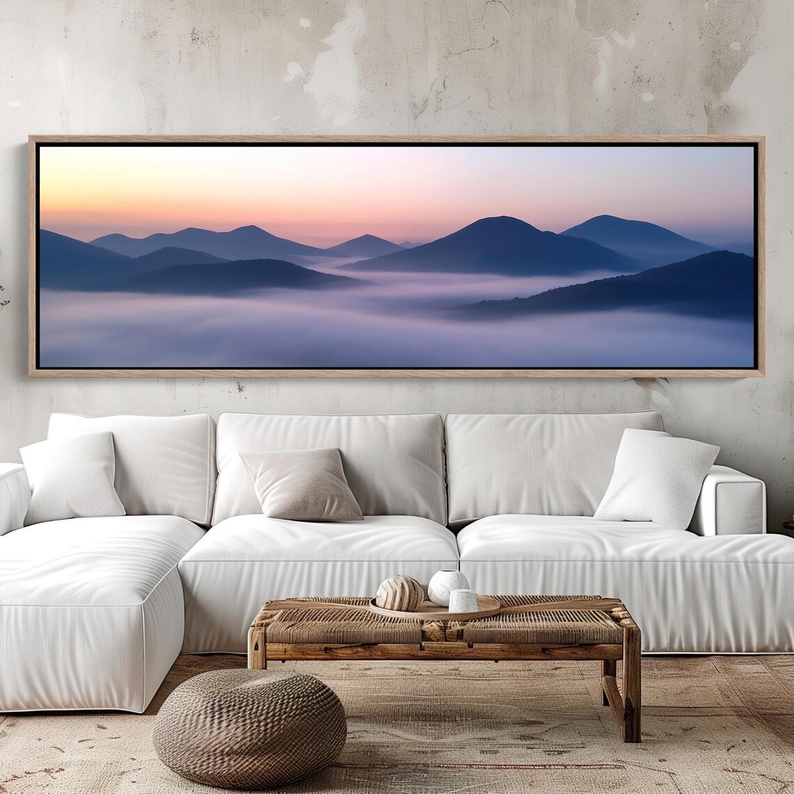 Panoramic Foggy Mountain Valley At Sunrise Over The Peaks Poster