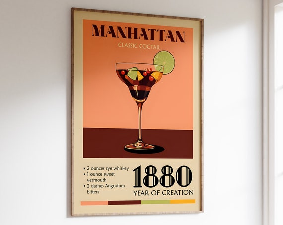 Manhattan Recipe Prints Modern Bar Cart Decor Vintage Alcohol Wall Art Trendy Cocktails Poster For Home Bar Decor