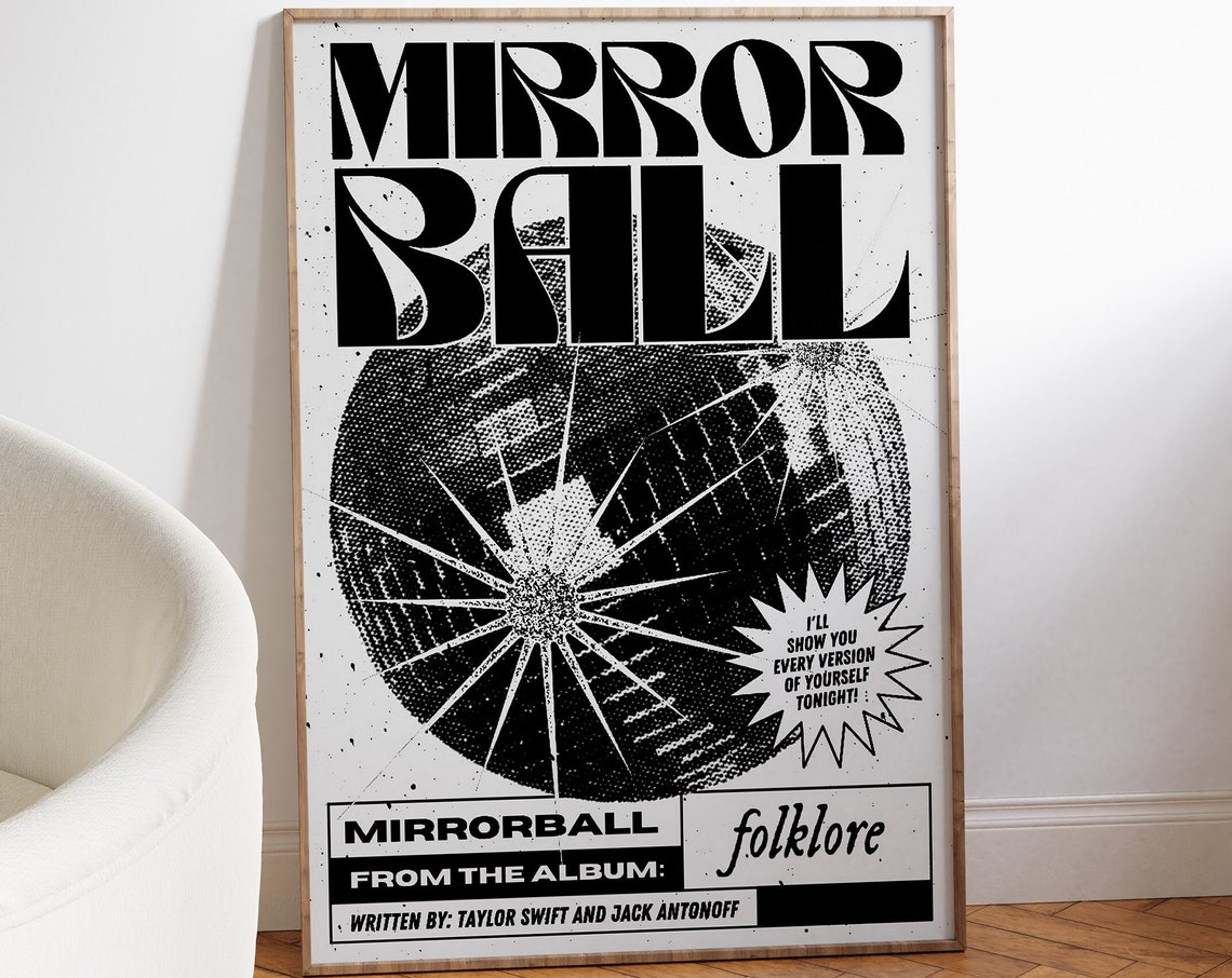 Taylor Swift Mirrorball Folklore Black White Disco Ball Music Poster