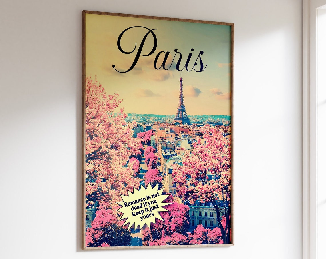 Paris Eiffel Tower Cherry Blossom Vintage Travel Poster Romance