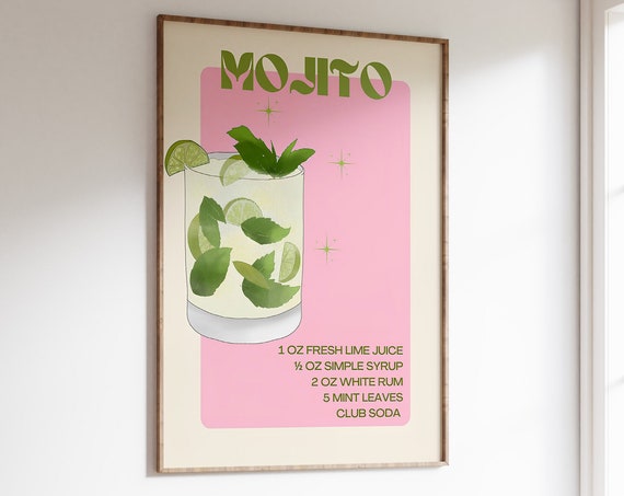 Mojito Bar Cart Poster Modern Home Bar Decor Mojito Recipe Print Trendy Beverage Wall Art Retro Bar Drinks Illustration