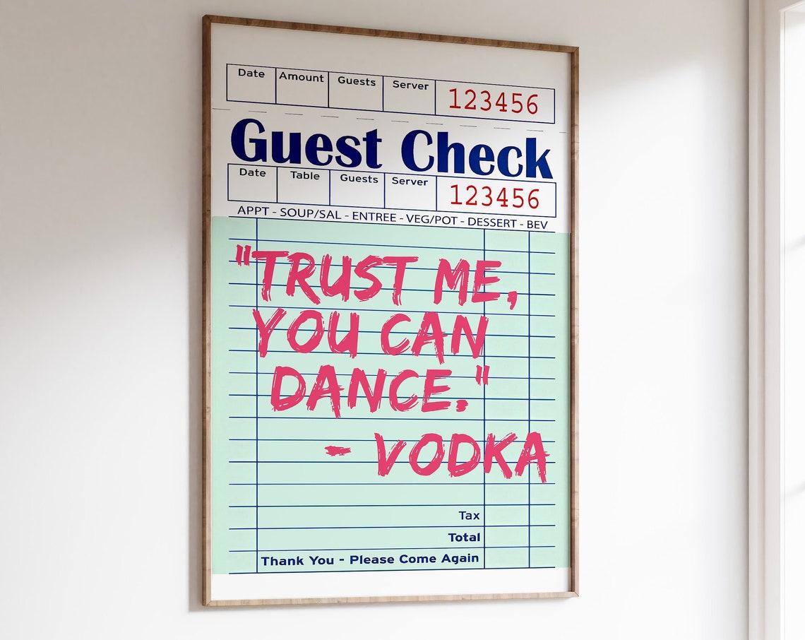 Vodka Guest Check Print Preppy Wall Art Bar Cart Art Decor Funny Alcohol Saying Poster Cocktail Bar Drinks Wall Art