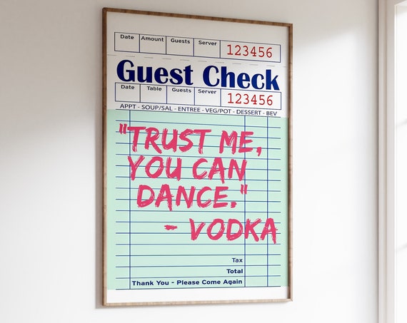 Vodka Guest Check Print Preppy Wall Art Bar Cart Art Decor Funny Alcohol Saying Poster Cocktail Bar Drinks Wall Art