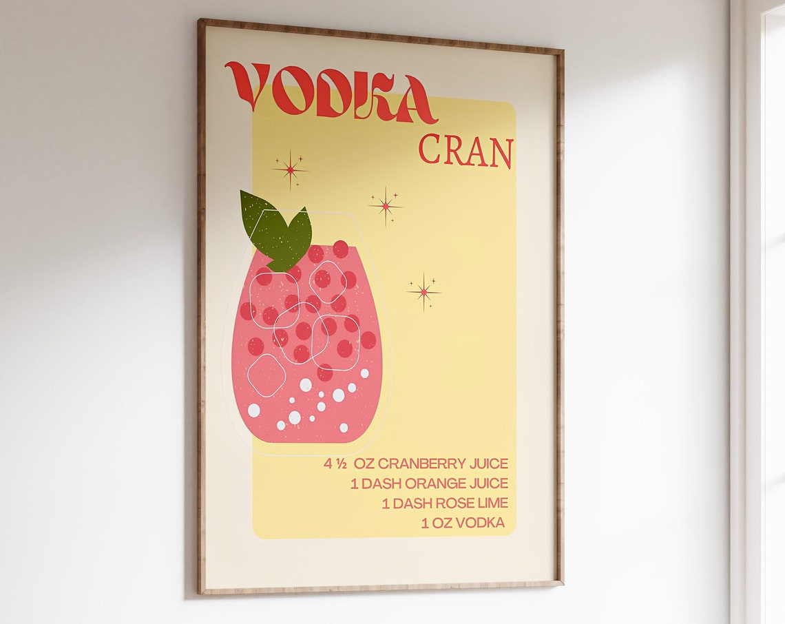 Vodka Cran Cocktail Recipe Retro Illustration Bar Cart Poster