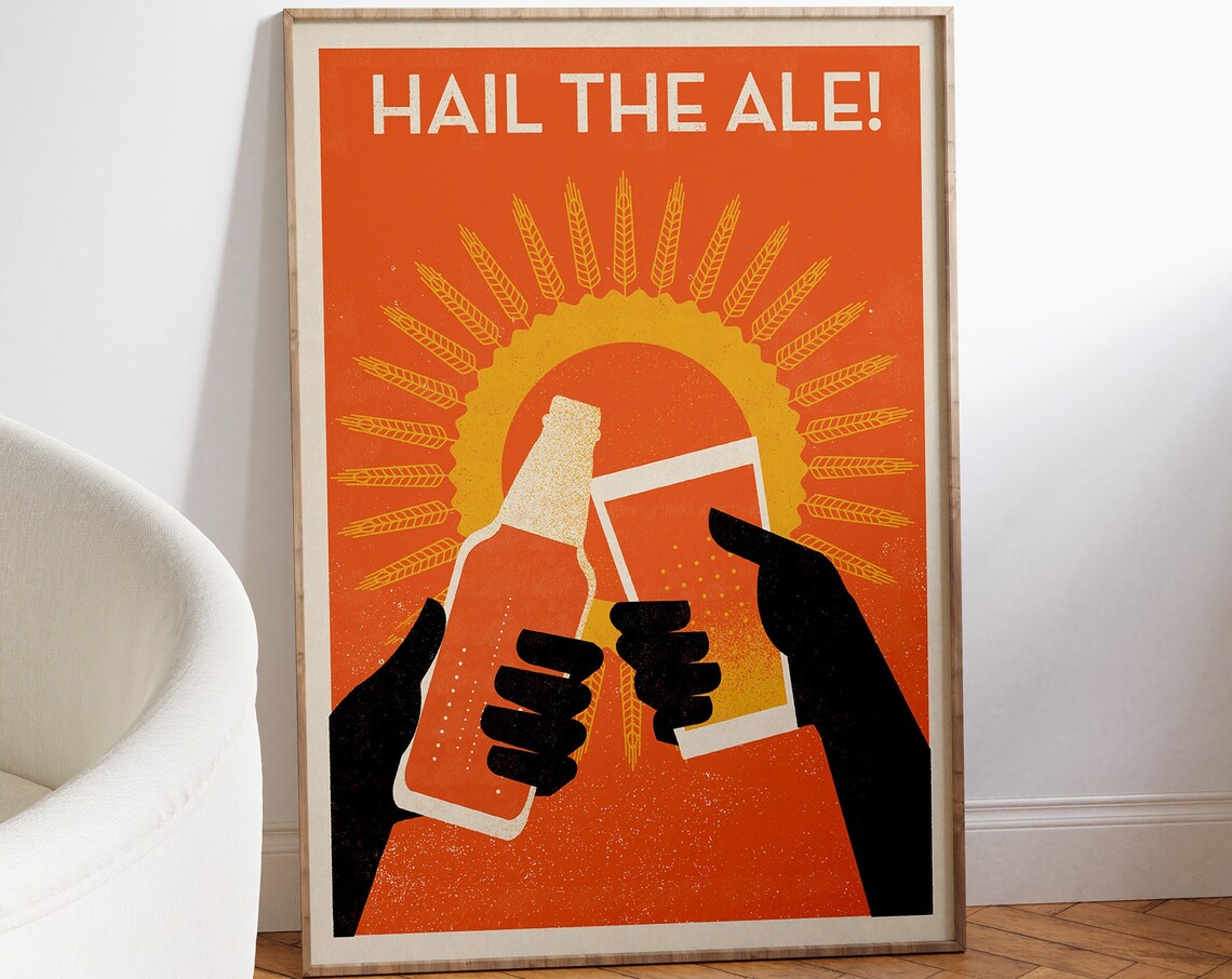 Hail the Ale Retro Beer Cheers Orange Illustration Bar Poster