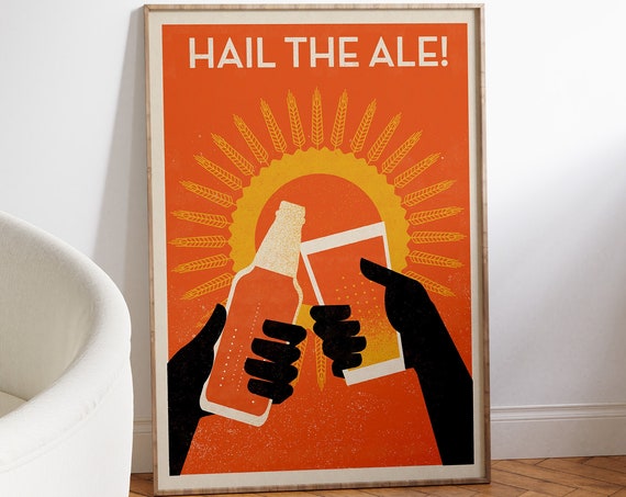 Retro Bar Cart Poster Hail The Ale Print Home Bar Wall Art Alcohol Themed Art Happy Hour Grly Dorm Room Decor