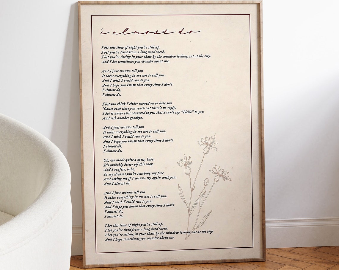 Taylor Swift I Almost Do Song Lyrics Poster Vintage Parchment Art