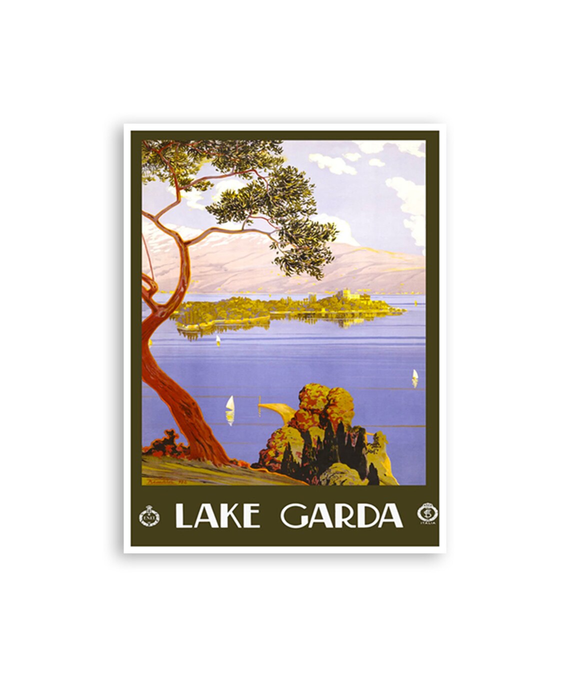 Lake Garda Italy Lake Island Sailboats Vintage Travel Poster