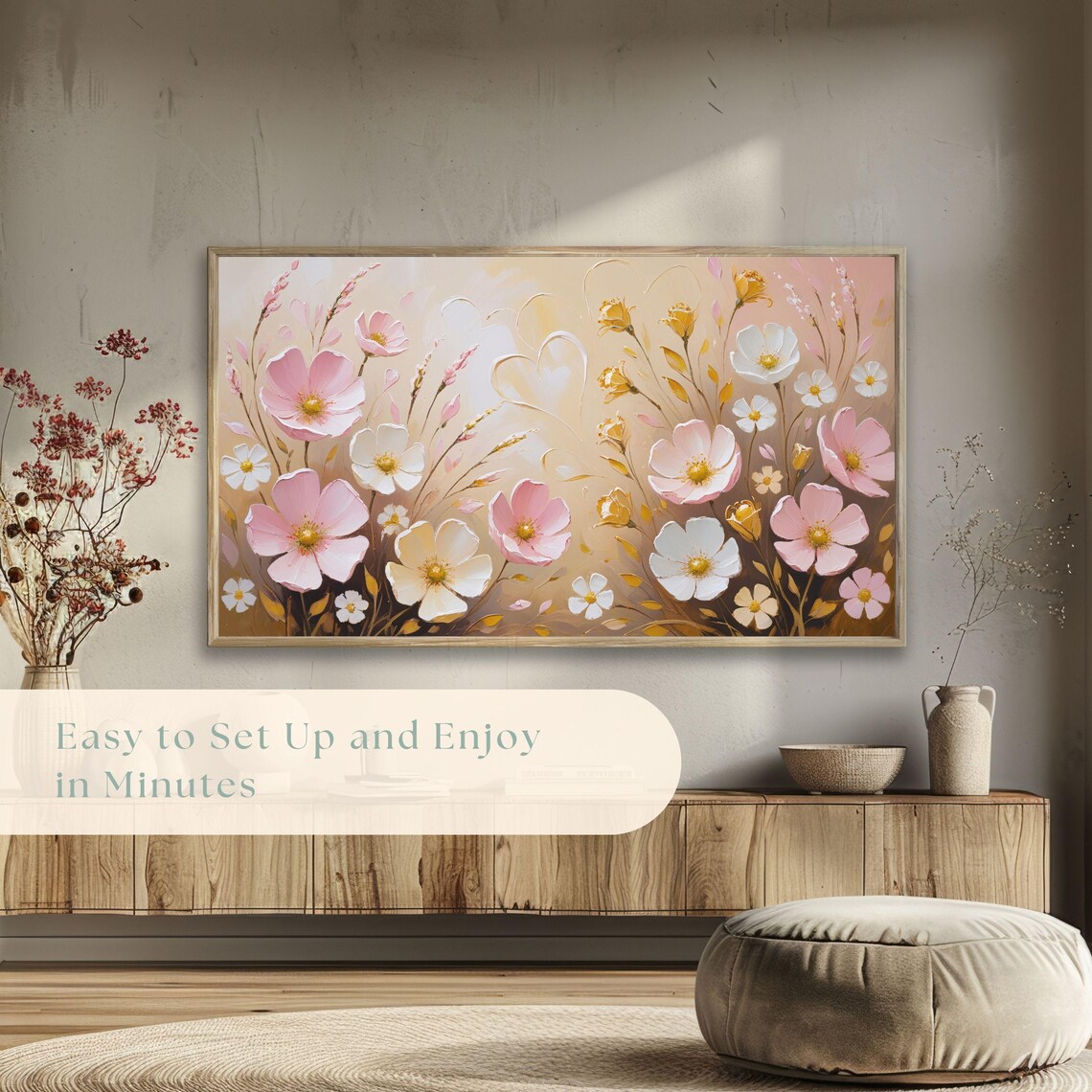 Pink White Cosmos Wildflowers Gold Heart Floral Painting Poster - Image 5