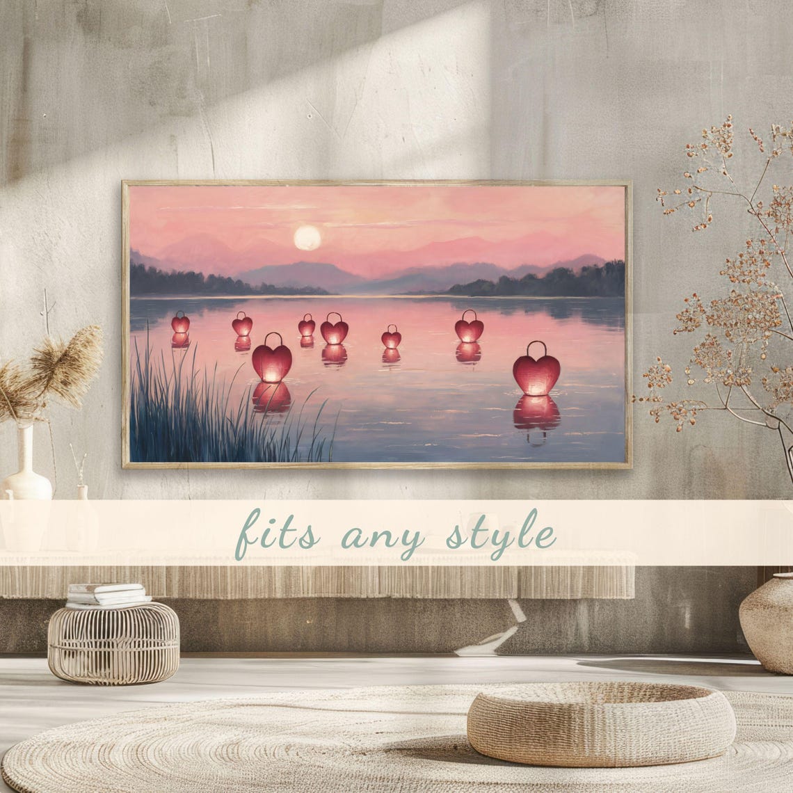 Heart Lanterns Floating Lake Pink Sunset Romantic Painting Poster - Image 3