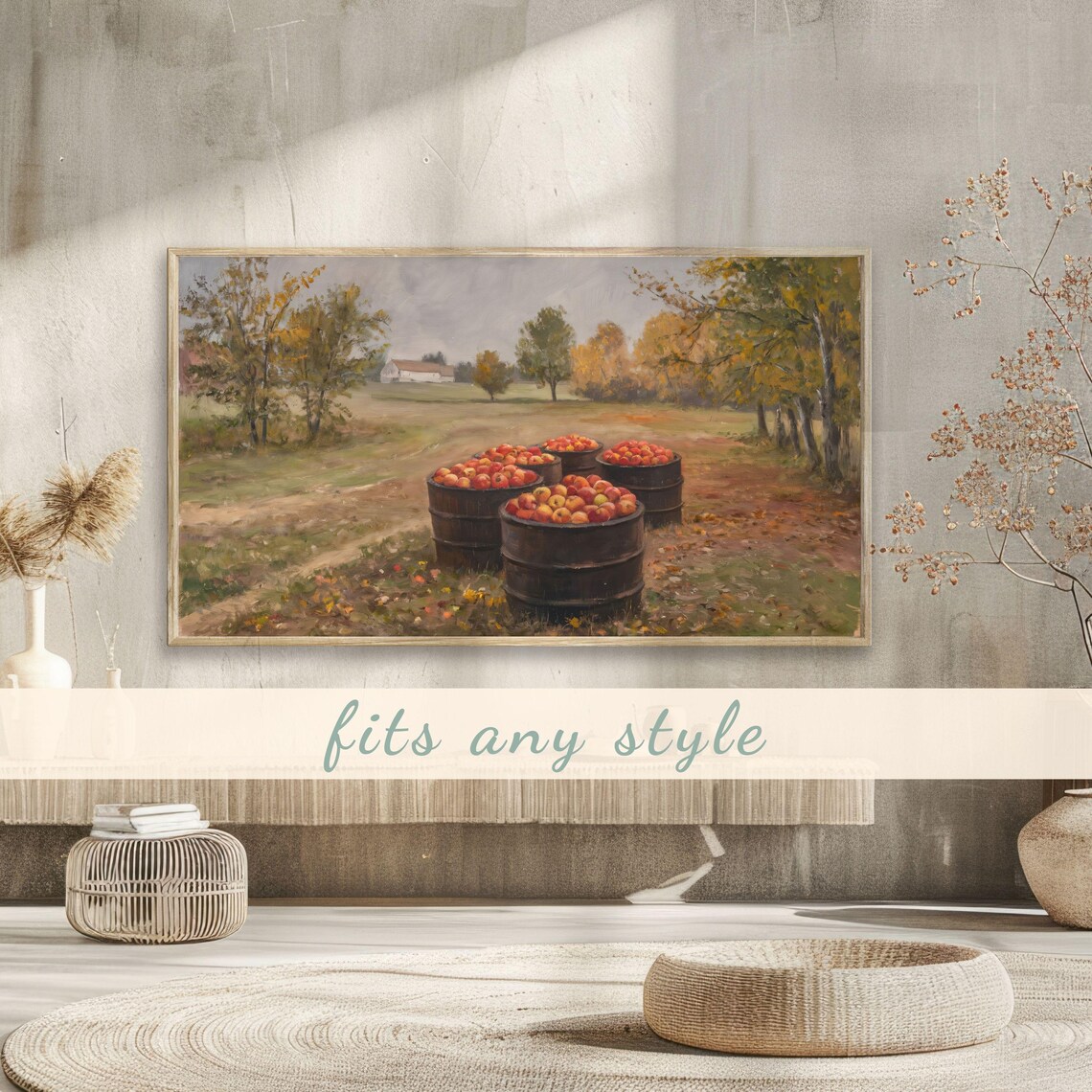 Wooden Barrels of Apples in Autumn Farmyard Vintage Scene Poster - Image 3