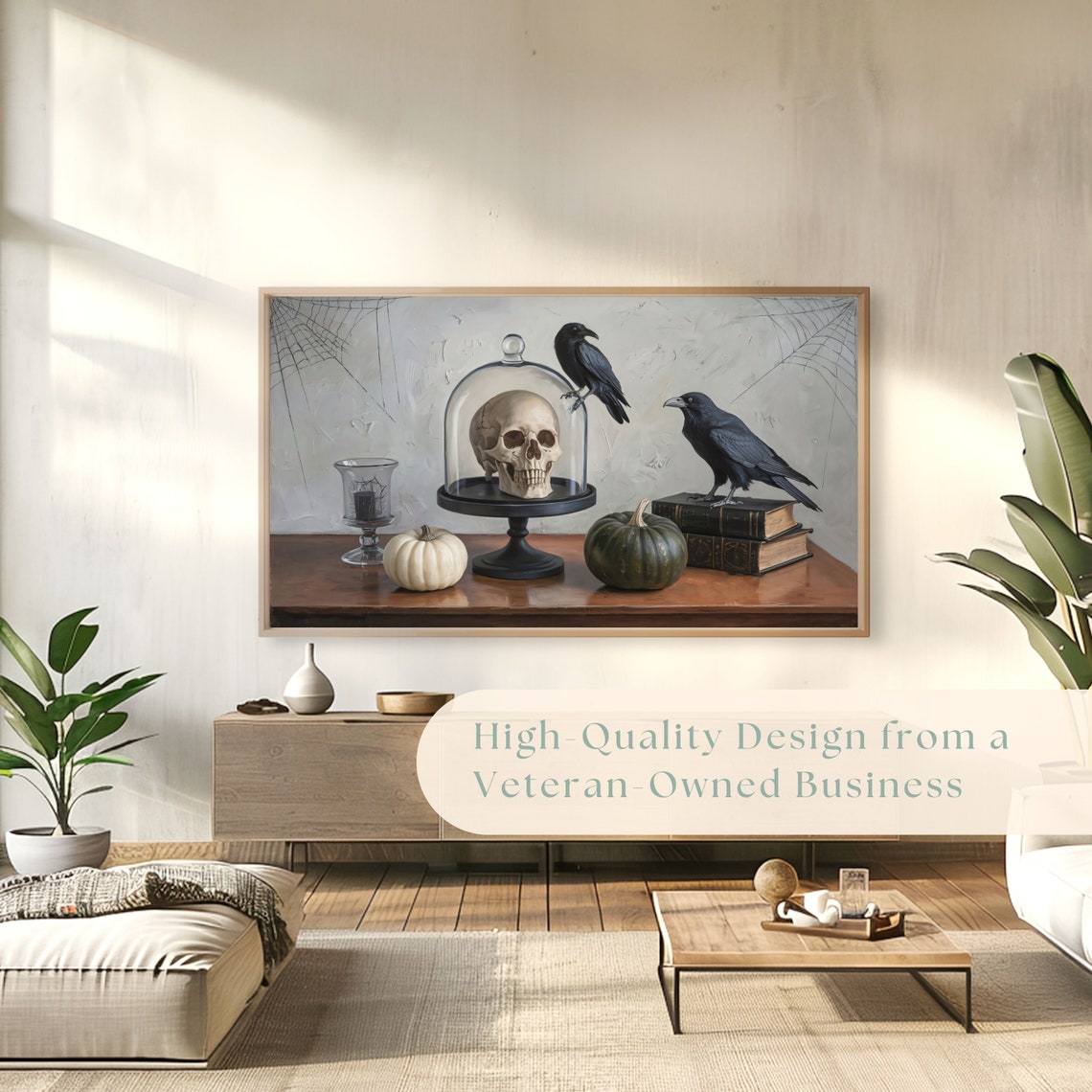 Eerie Halloween Still Life Skull Under Glass Crows and Books Poster - Image 4