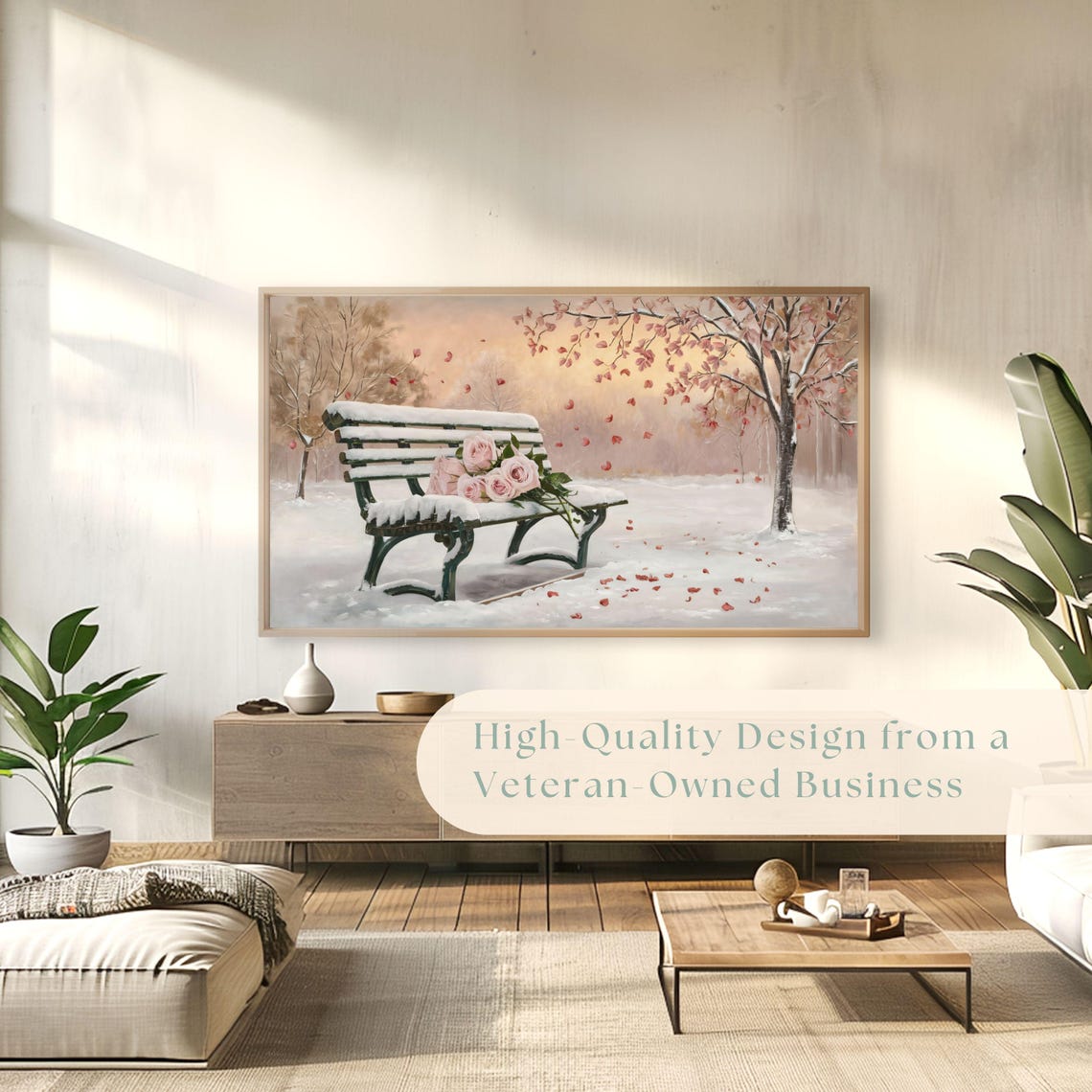 Snowy Park Bench Pink Roses Falling Petals Romantic Painting Poster - Image 4