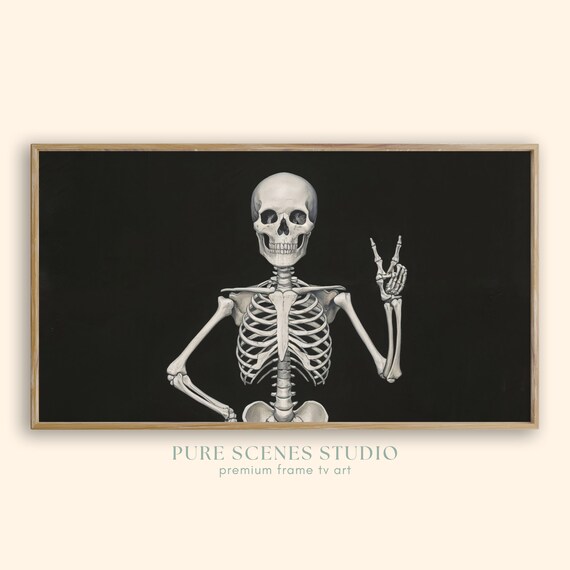 Skeleton Flashing Peace Sign On Black Background Gothic Halloween Poster