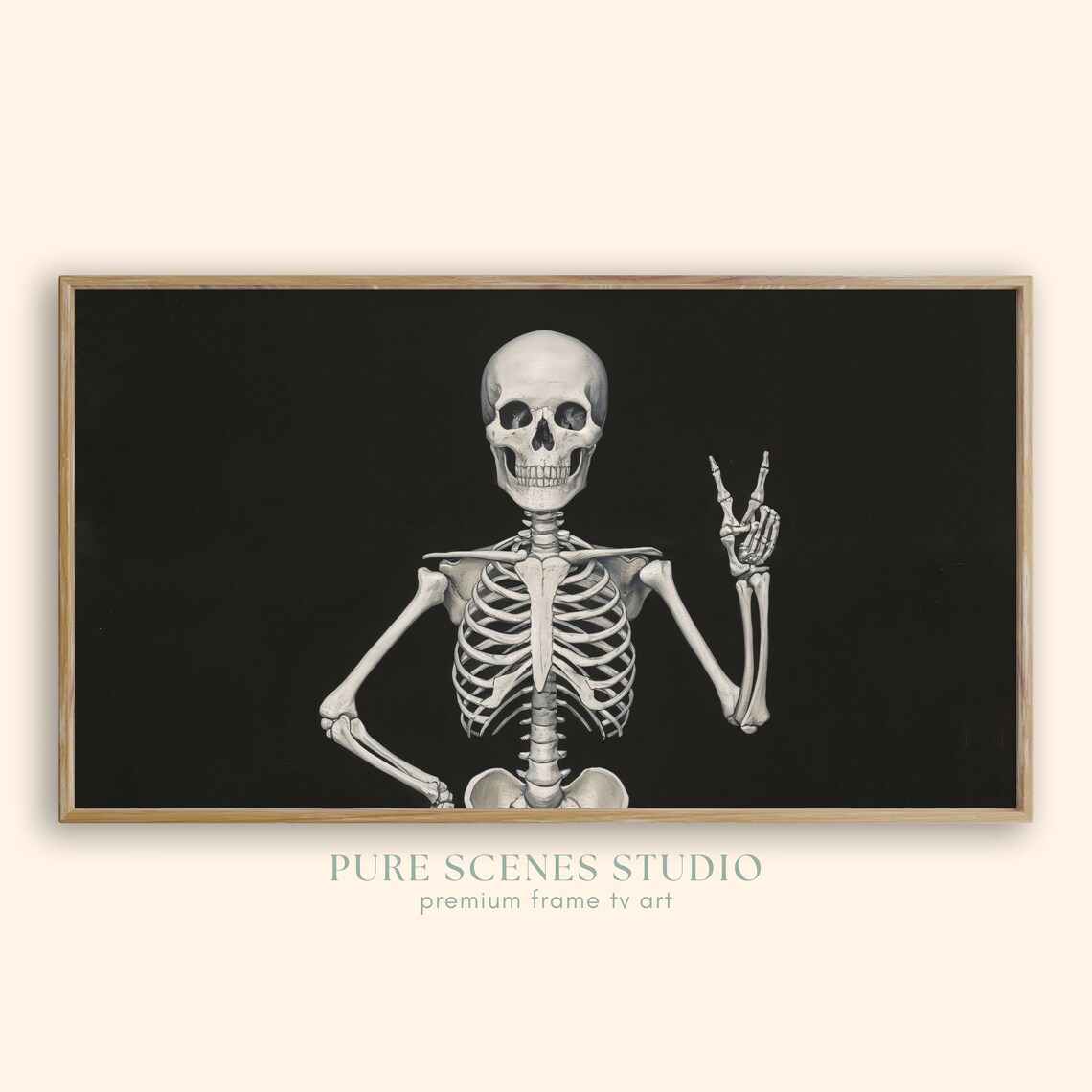 Skeleton Flashing Peace Sign On Black Background Gothic Halloween Poster