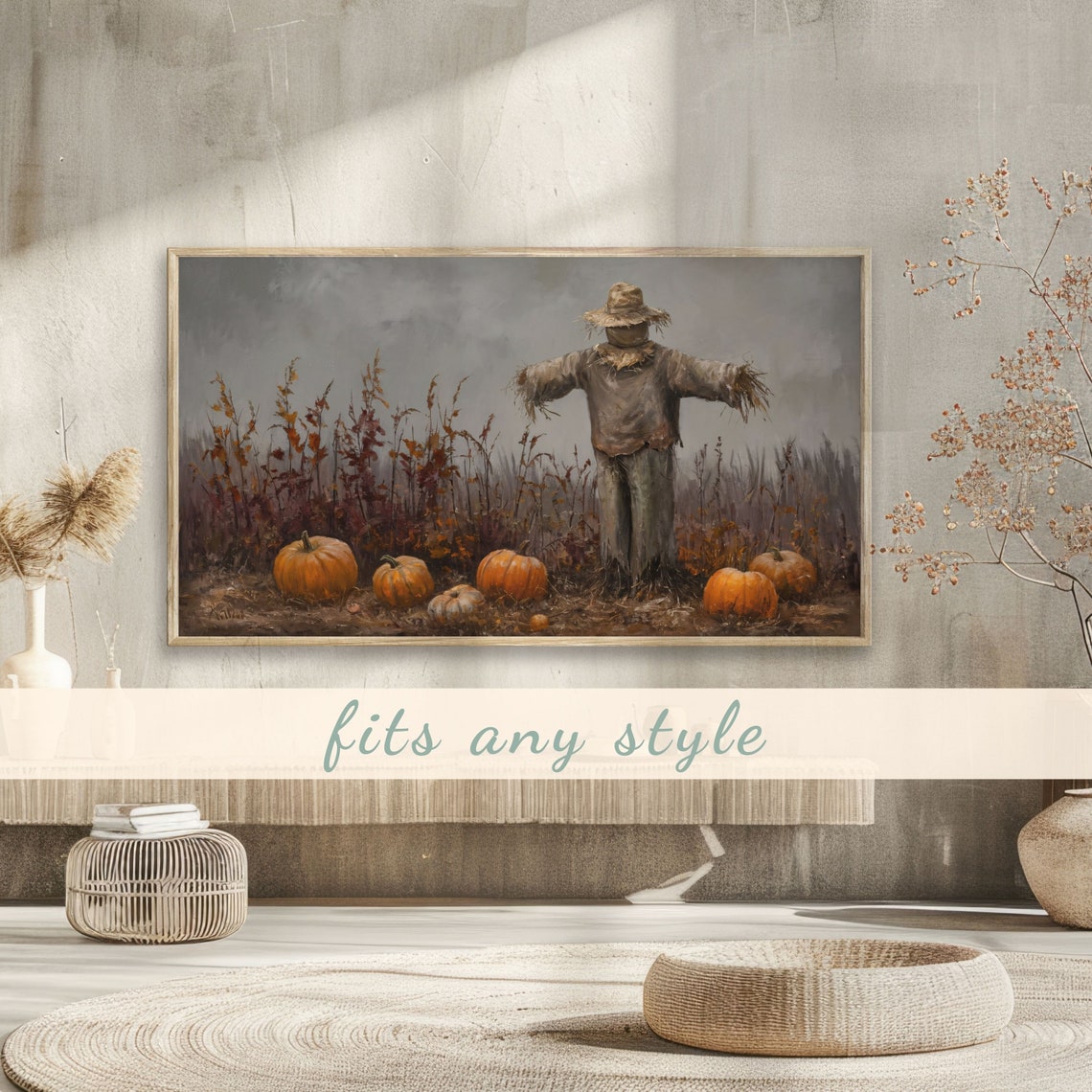 Moody Scarecrow in Autumn Pumpkin Field Under Gray Sky Poster - Image 3