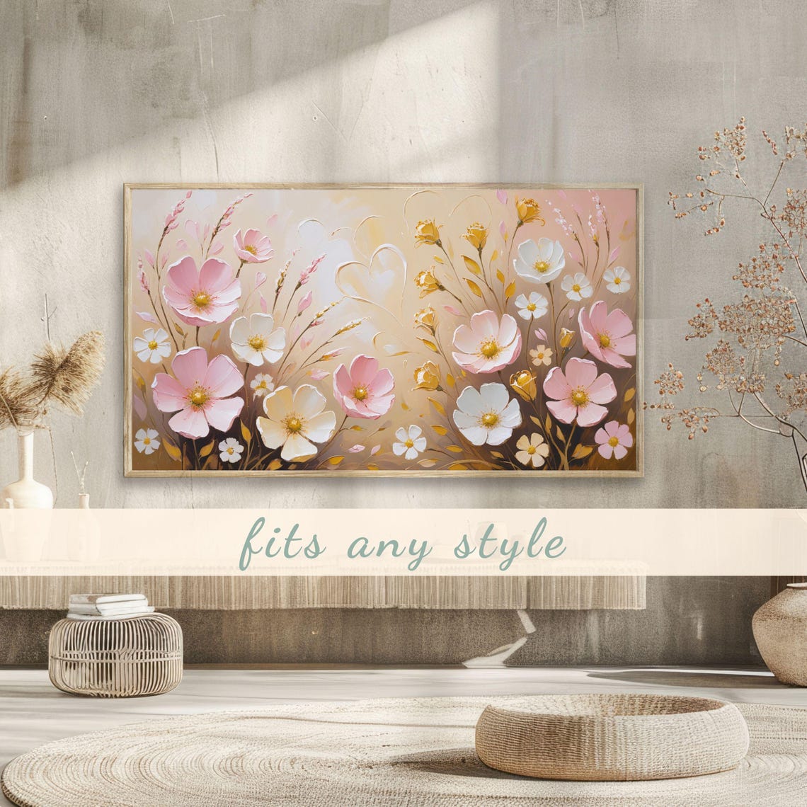 Pink White Cosmos Wildflowers Gold Heart Floral Painting Poster - Image 3
