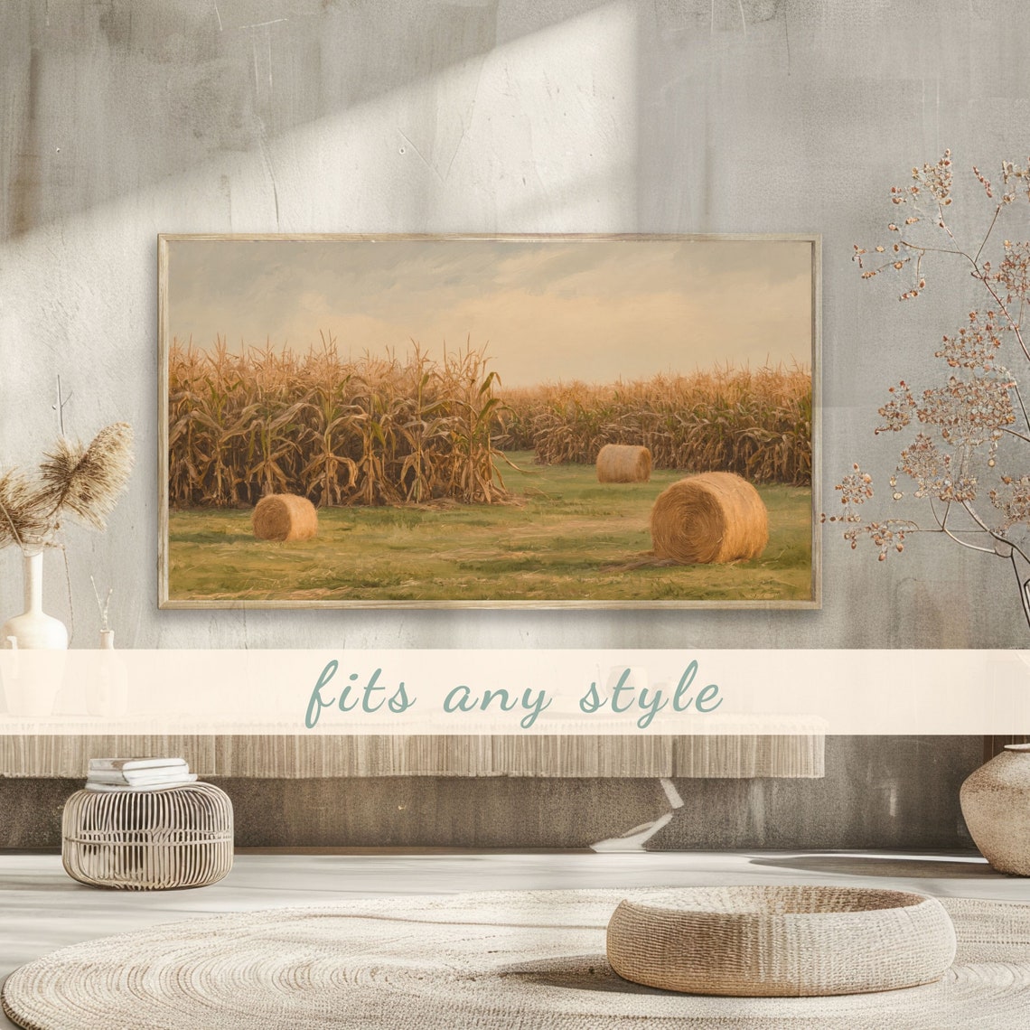 Golden Cornfield with Hay Bales Autumn Harvest Farm Landscape Poster - Image 3