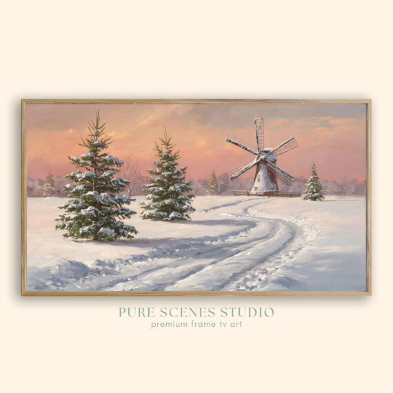 Snowy Windmill Among Frosted Pines Pink Sunset Winter Landscape Poster