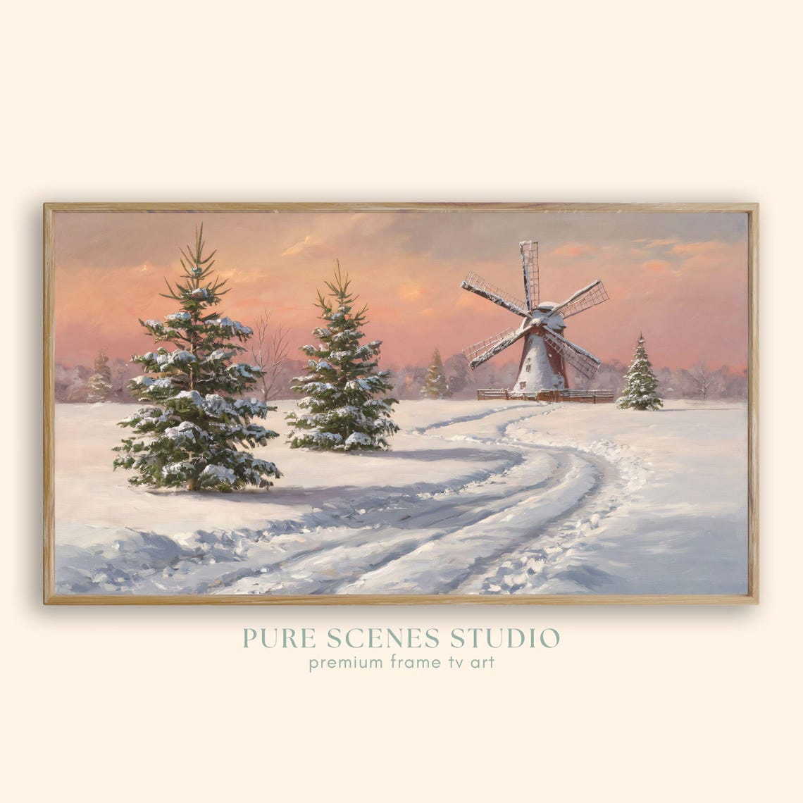 Snowy Windmill Among Frosted Pines Pink Sunset Winter Landscape Poster