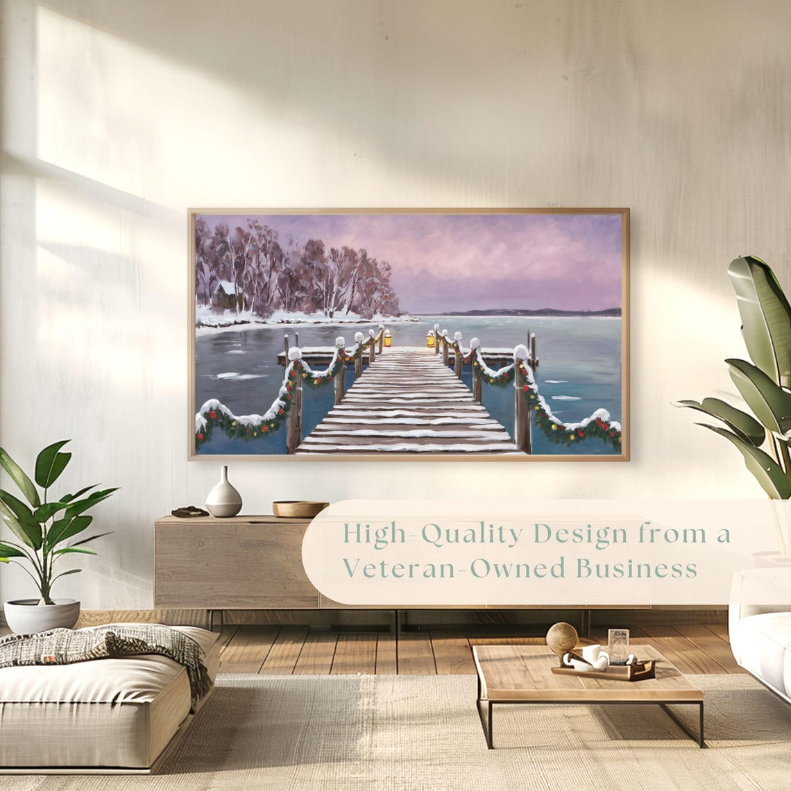 Snowy Lake Pier Christmas Garlands Lanterns Winter Painting Poster - Image 4