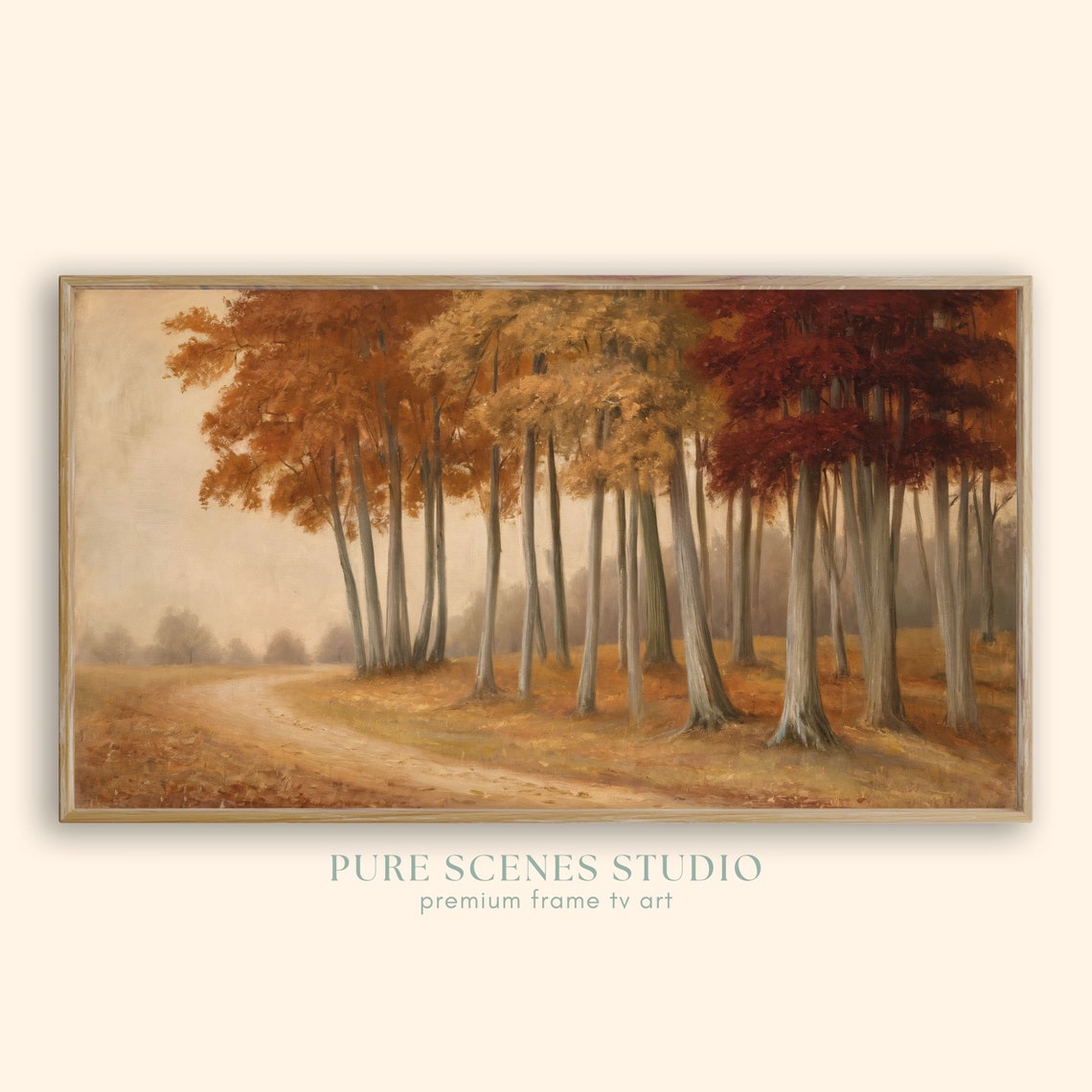 Vintage Autumn Forest with Tall Trees and Winding Dirt Path Poster