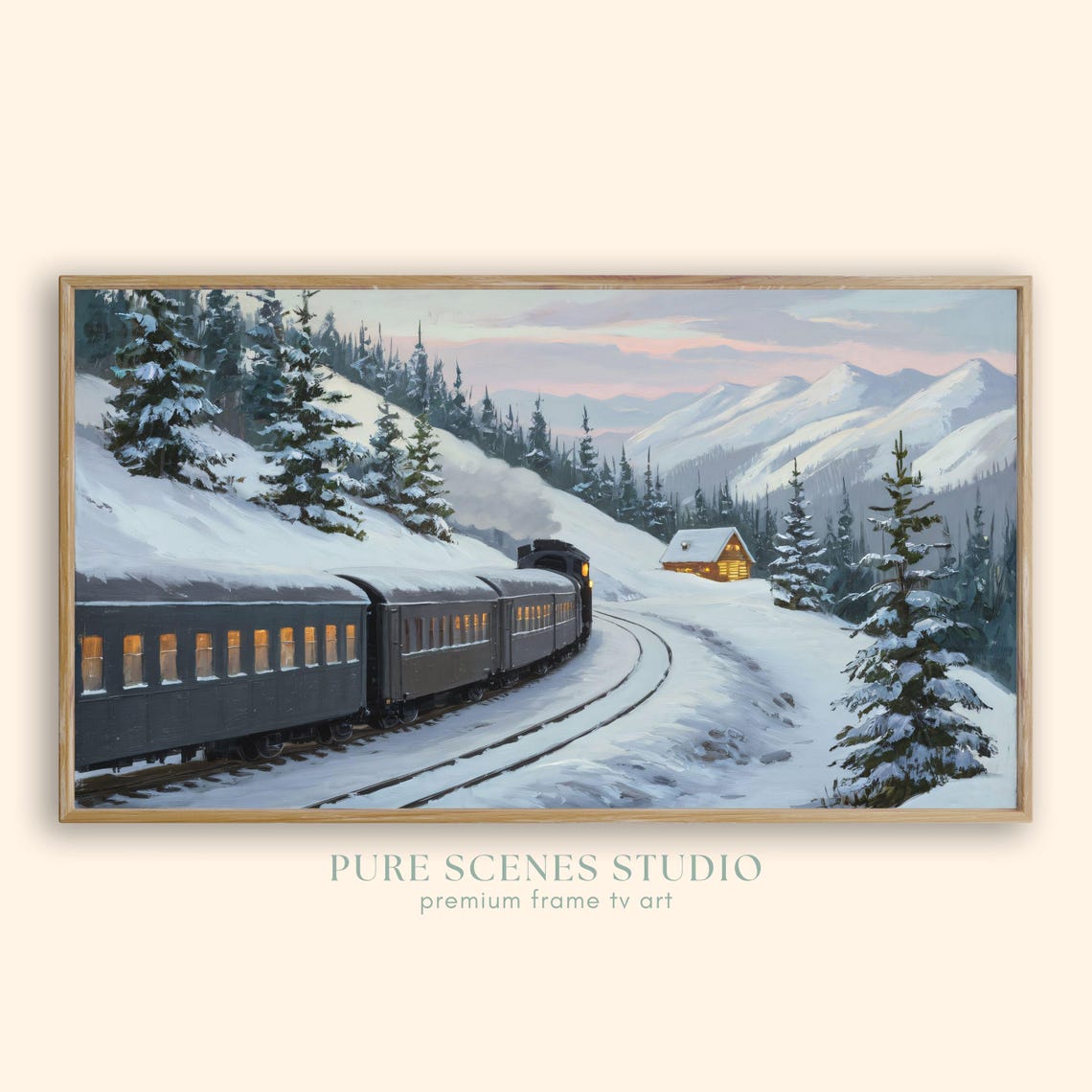 Vintage Steam Train Snowy Mountain Pass Twilight Journey Scene Poster