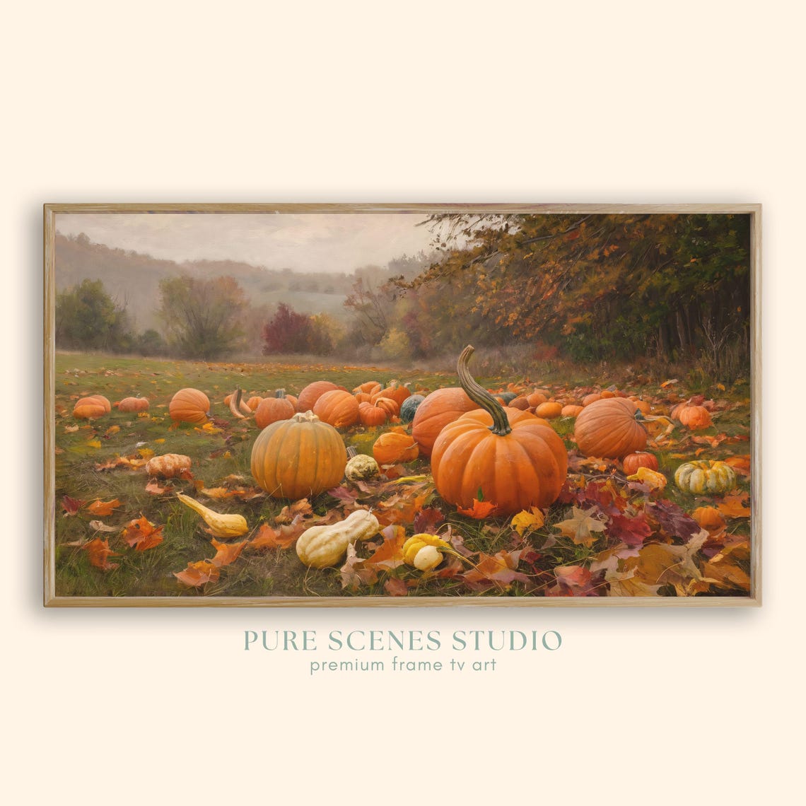 Pumpkin Patch with Gourds Autumn Leaves Misty Hillside Poster