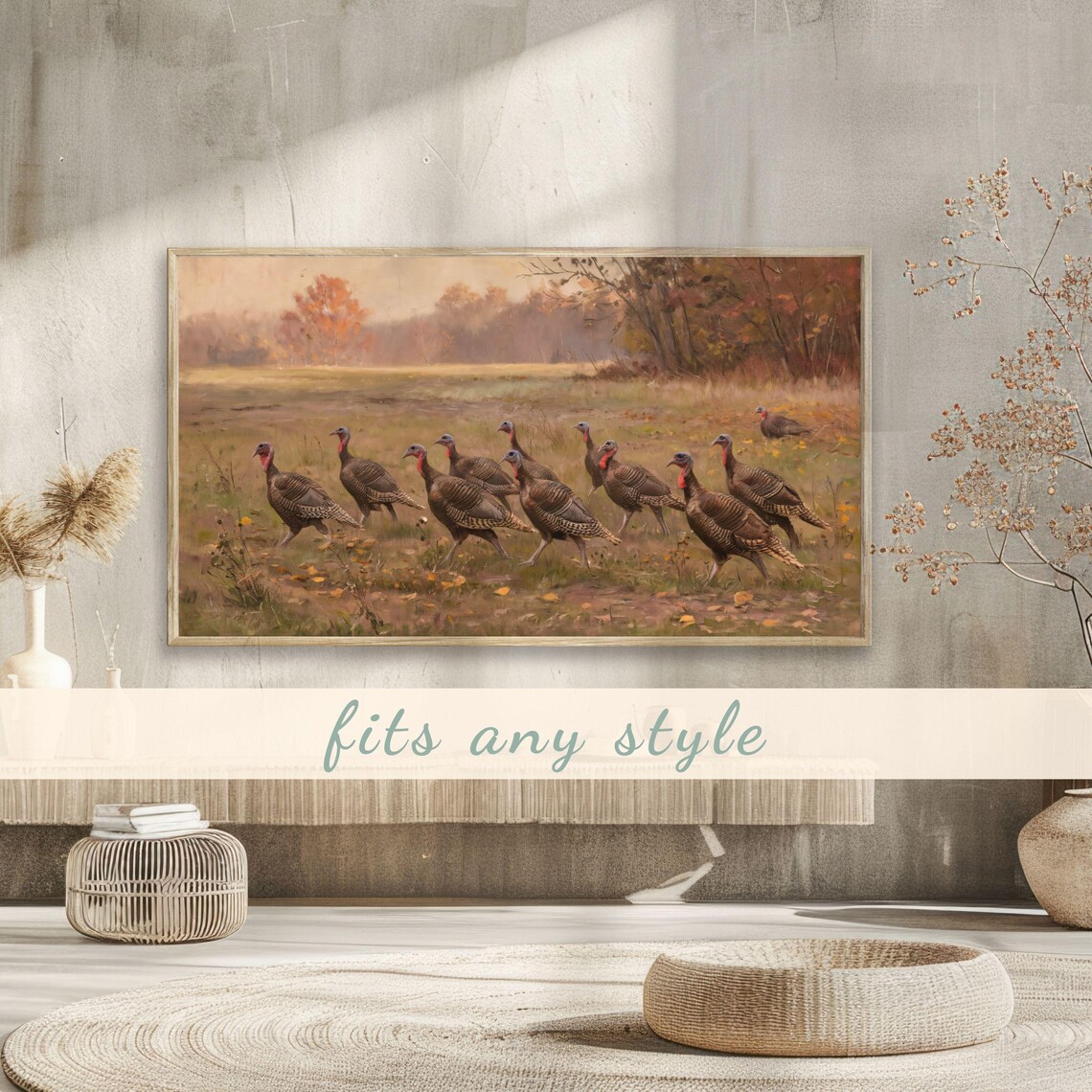 Wild Turkeys Foraging Autumn Meadow Fall Foliage Vintage Painting Poster - Image 3