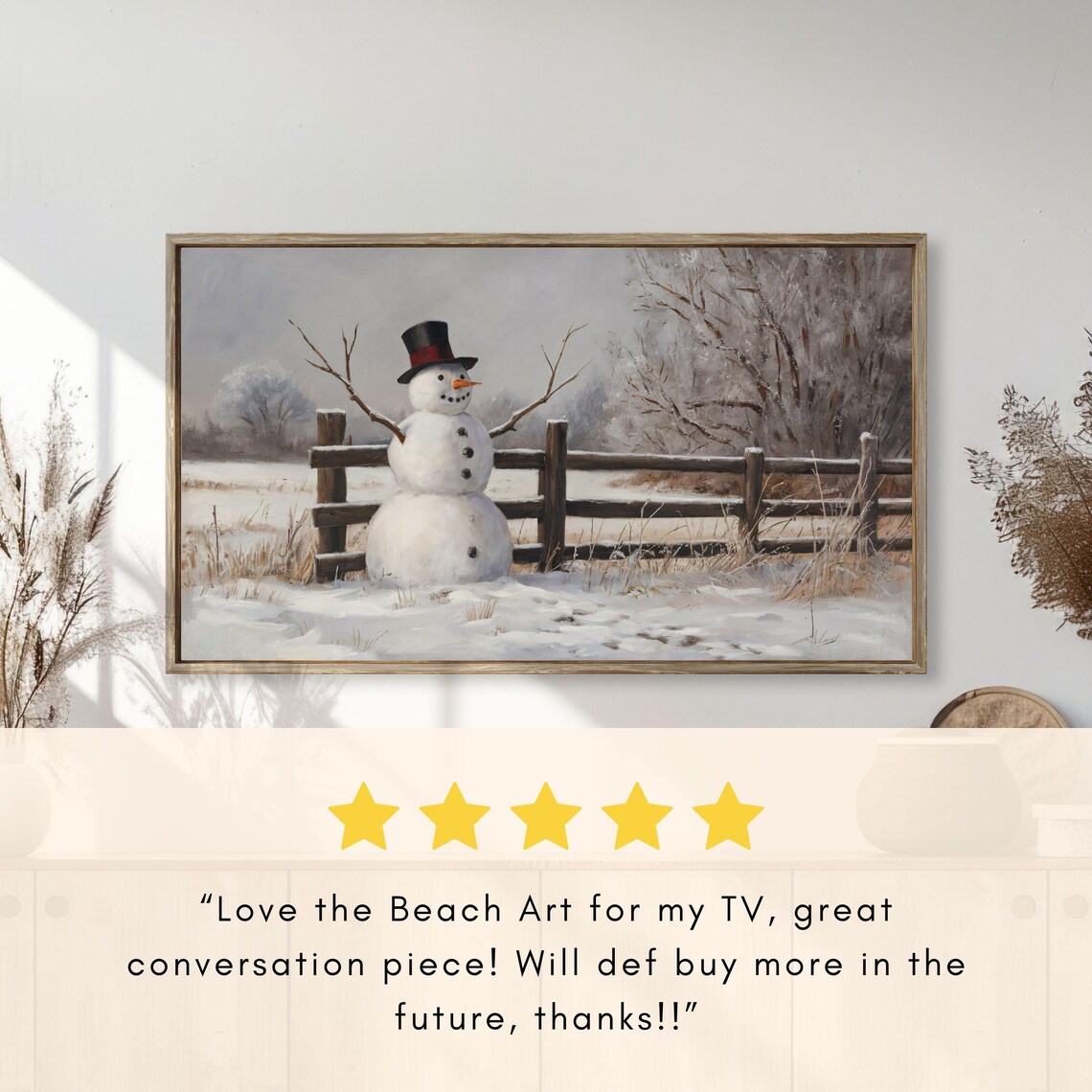 Cheerful Snowman In Top Hat By Snowy Fence Winter Painting Poster - Image 2