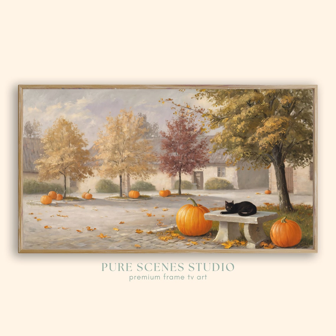 Autumn Village Square with Pumpkins and Black Cat Vintage Poster