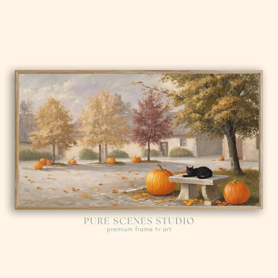 Autumn Village Square with Pumpkins and Black Cat Vintage Poster