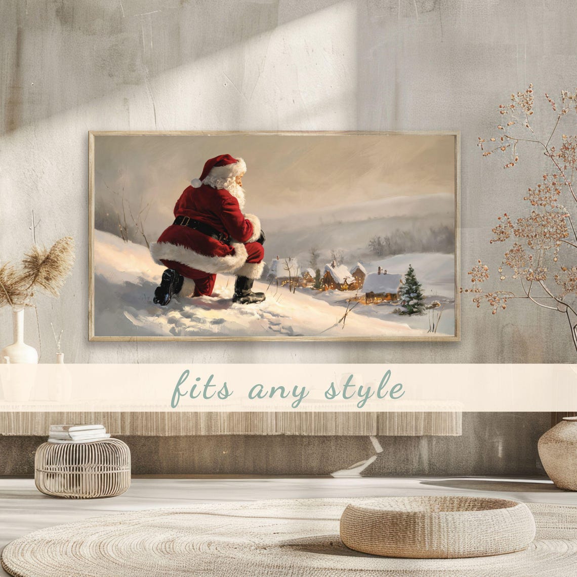 Santa Claus Overlooking Snowy Village Nostalgic Christmas Poster - Image 3