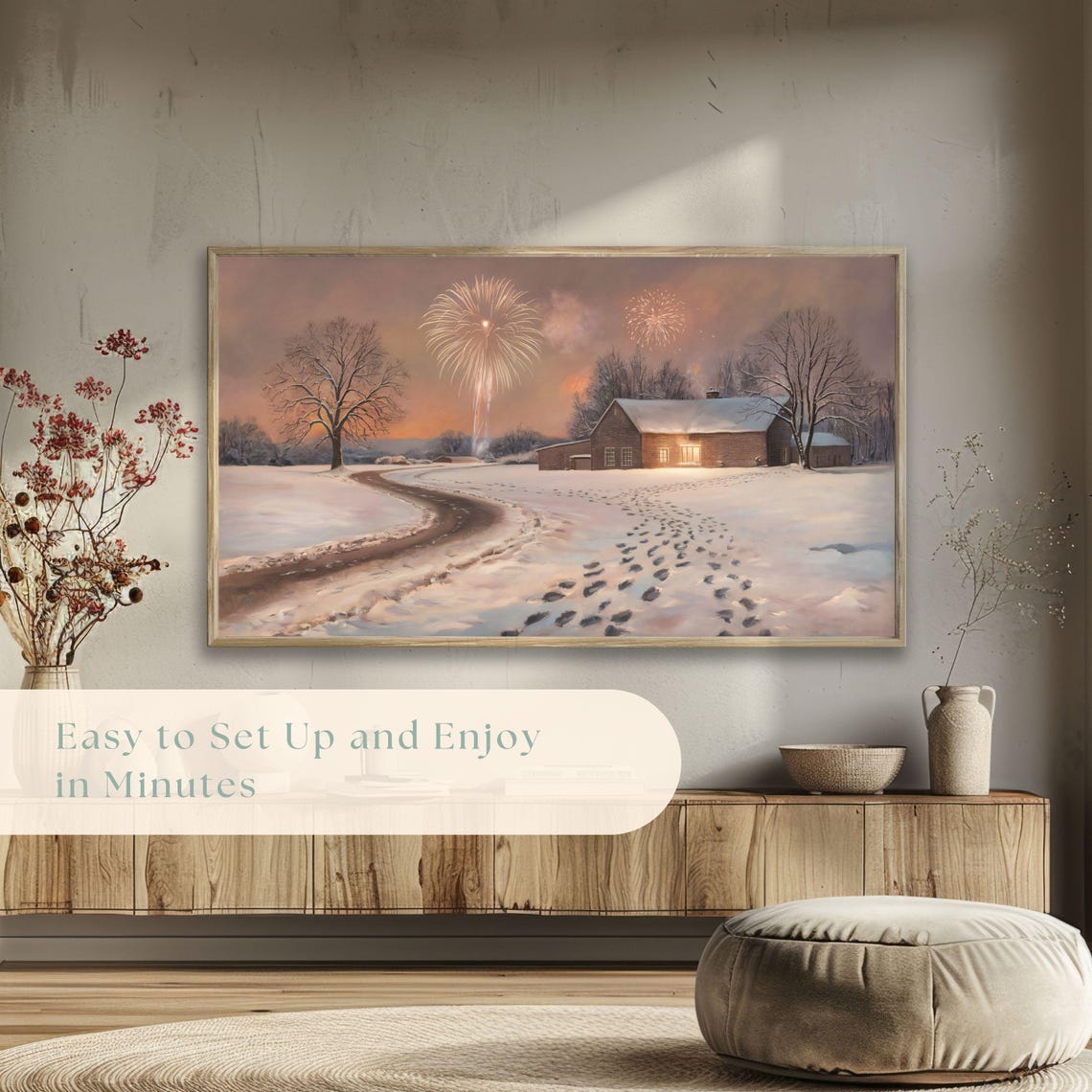 Snowy Farmhouse Fireworks Winter Celebration Painting Poster - Image 5