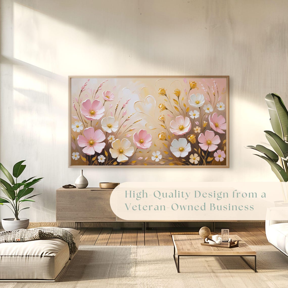 Pink White Cosmos Wildflowers Gold Heart Floral Painting Poster - Image 4