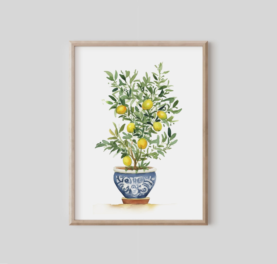 Yellow Lemon Tree Plant Mediterranean Botanical Print Kitchen Wall Decor Blue Ginger Jar Pot Chinoiserie Topiary Home