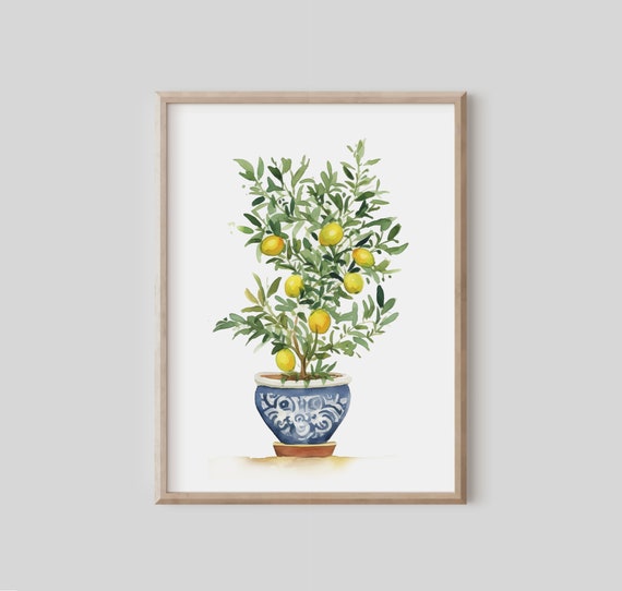 Yellow Lemon Tree Plant Mediterranean Botanical Print Kitchen Wall Decor Blue Ginger Jar Pot Chinoiserie Topiary Home