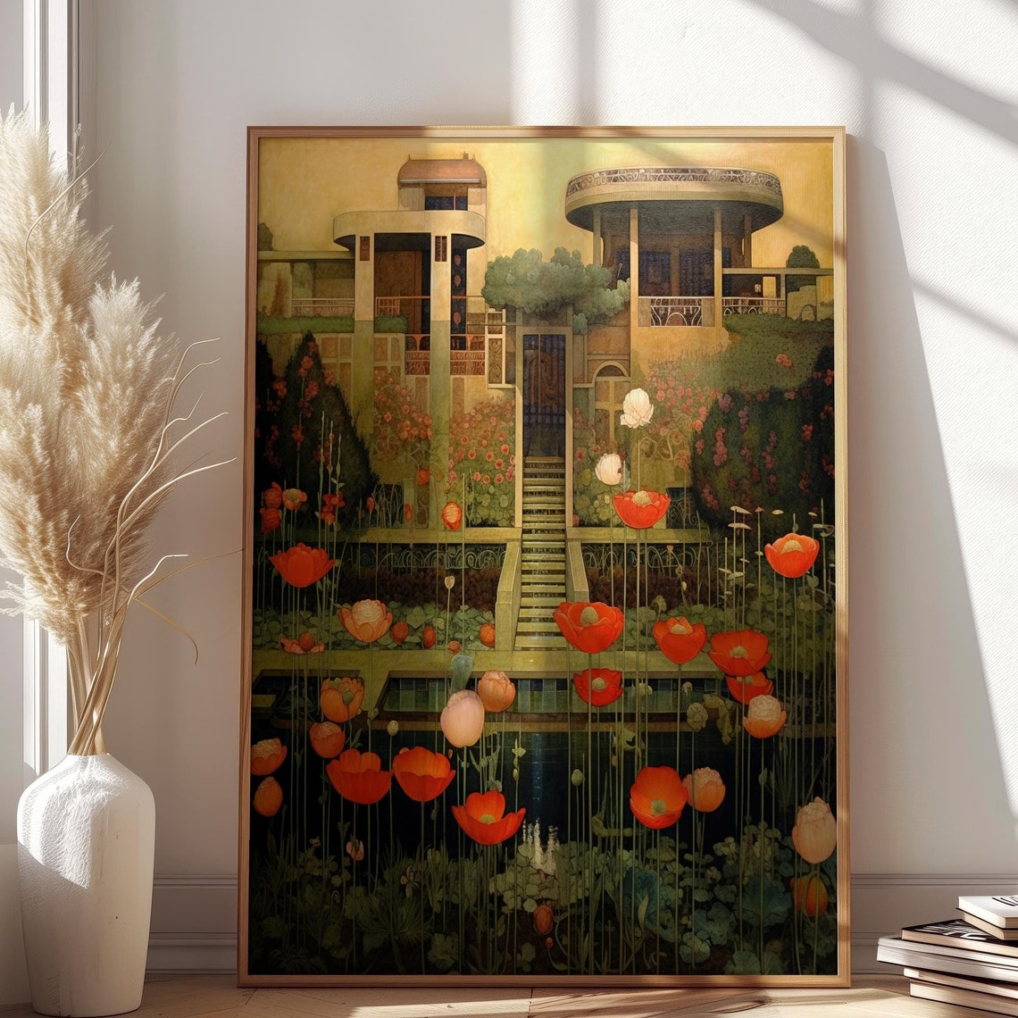 Art Deco Villa with Red Poppy Flower Garden Architectural Art Poster