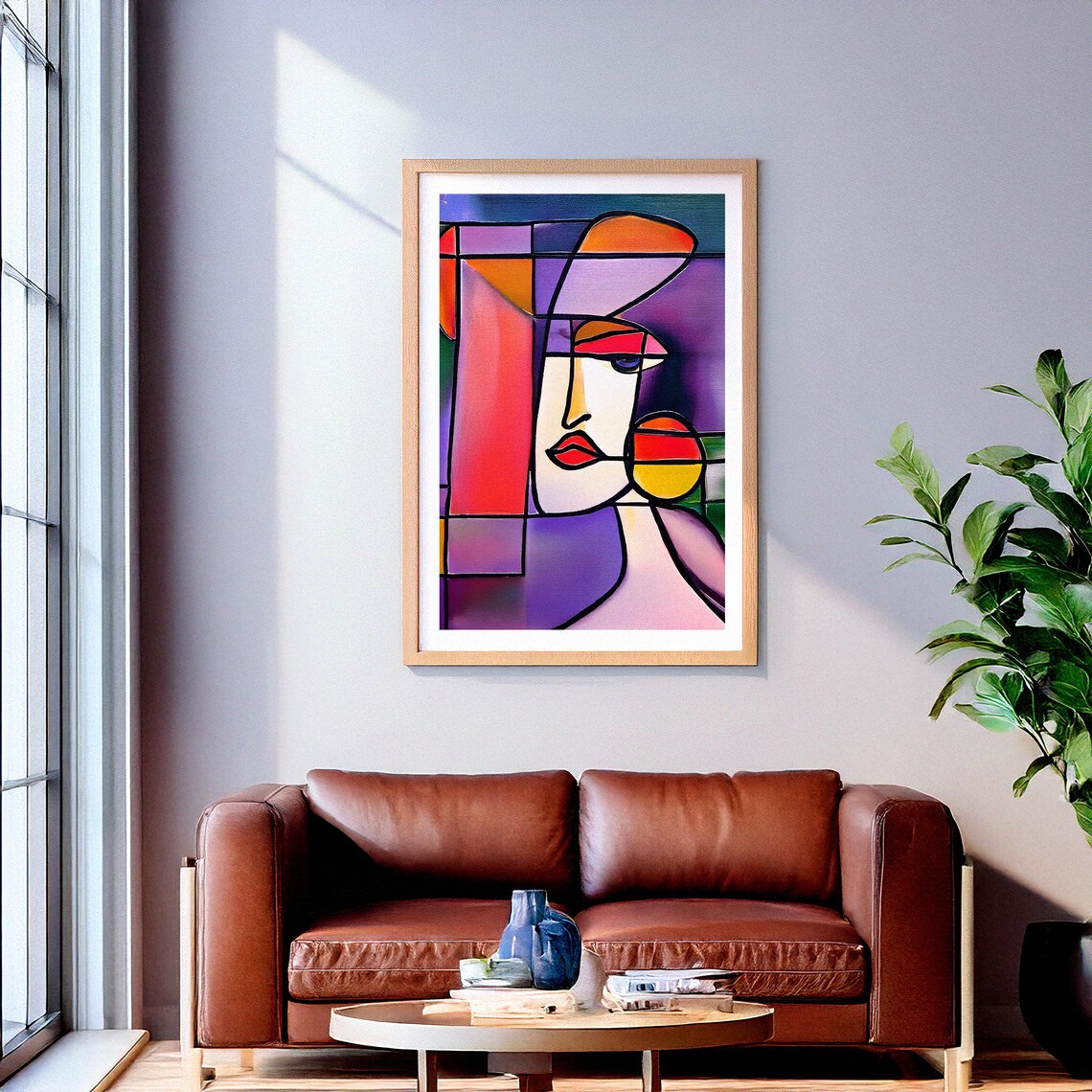 Colorful Cubist Female Portrait with Red Lips and Round Earring Poster - Image 2